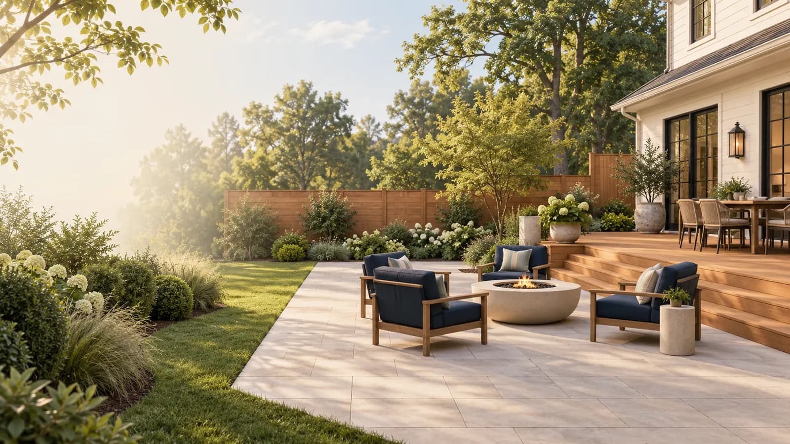 Concept rendering of a backyard with a wood deck stepping down to a paver patio with a fire pit, a wood privacy fence, and planted beds