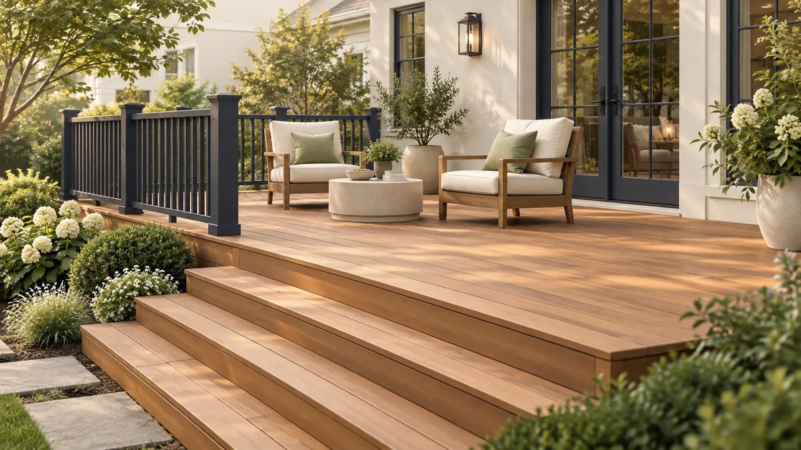 Concept rendering of a composite deck with dark aluminum railing, wide steps to the garden, and two lounge chairs beside a modern home