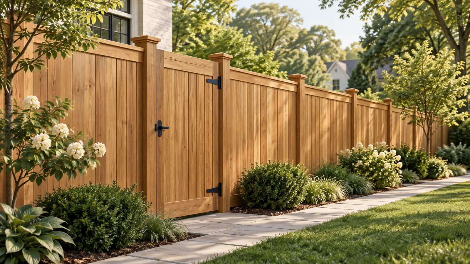 Concept rendering of a six-foot solid-board wood privacy fence with a matching gate along a planted walkway