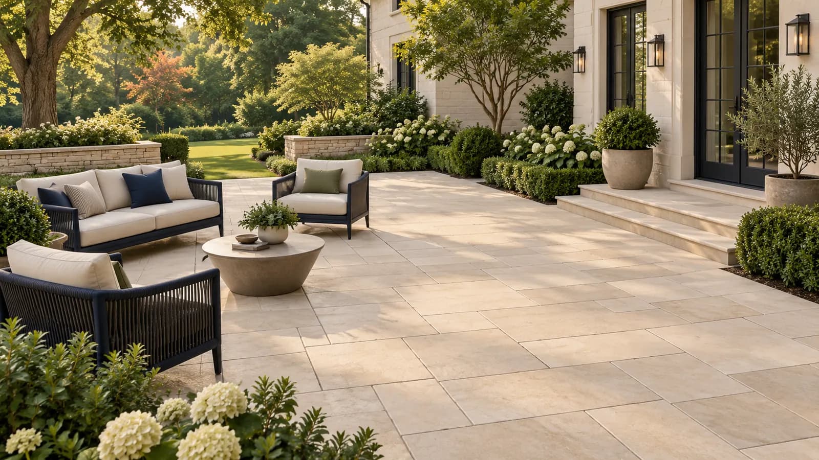 Concept rendering of a large-format paver patio with a low stone seating wall, planted beds, and lounge furniture beside a home